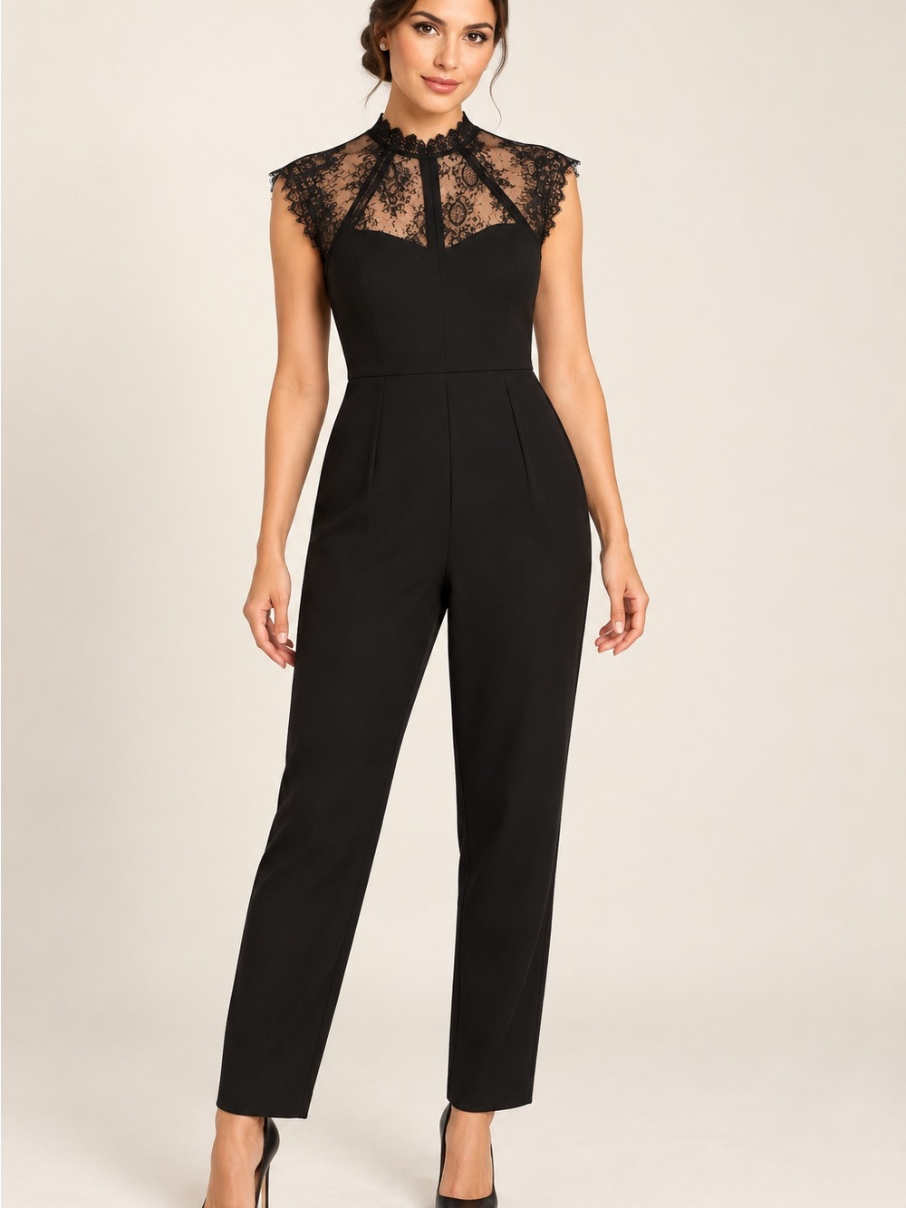 SHEIN Black Lace Yoke High-Neck Jumpsuit